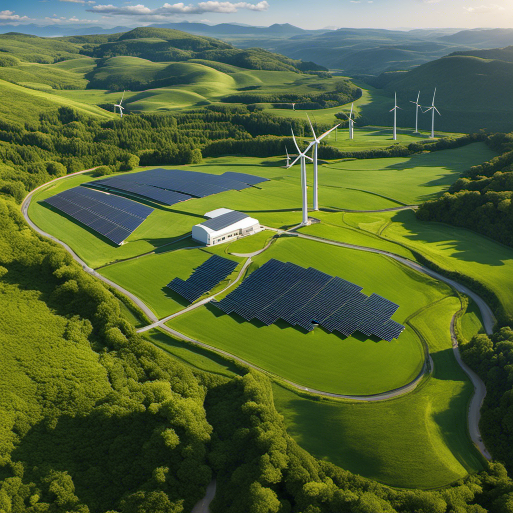 An image showcasing a serene landscape with a solar panel farm, wind turbines, and a geothermal power plant harmoniously coexisting, radiating sustainable energy and highlighting the advantages of renewable resources