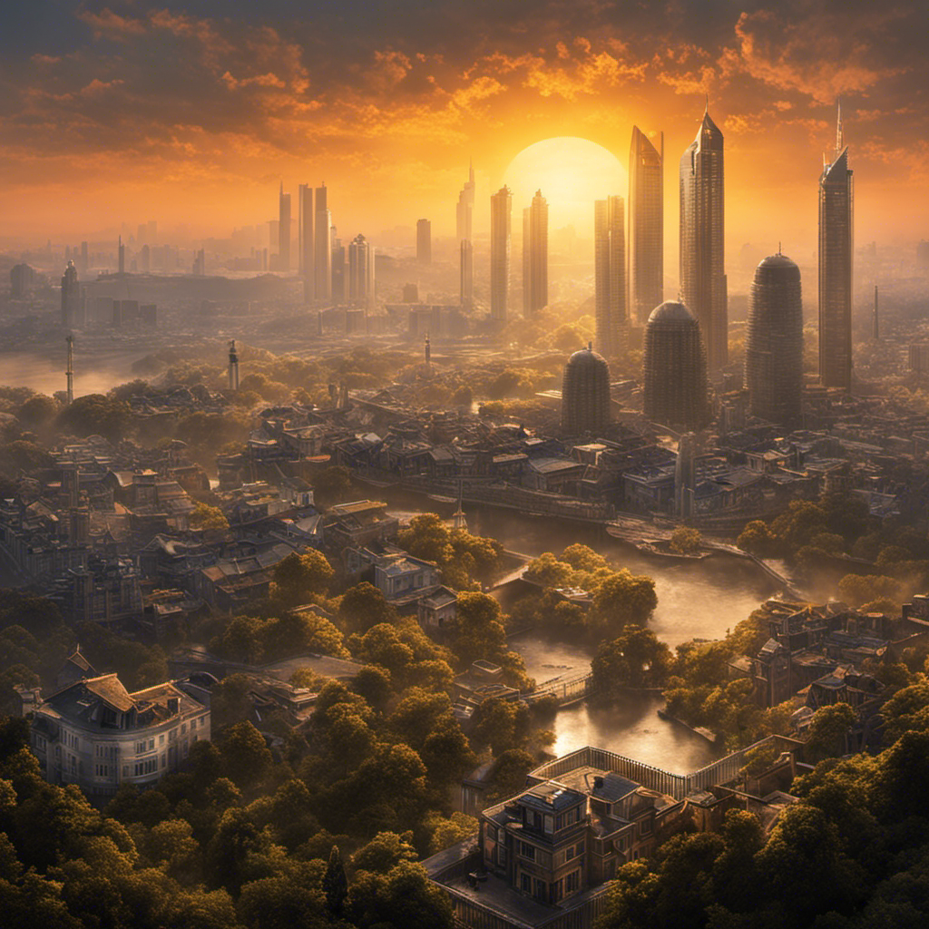 An image that contrasts a bright, sunlit landscape with a dark, smog-filled city skyline