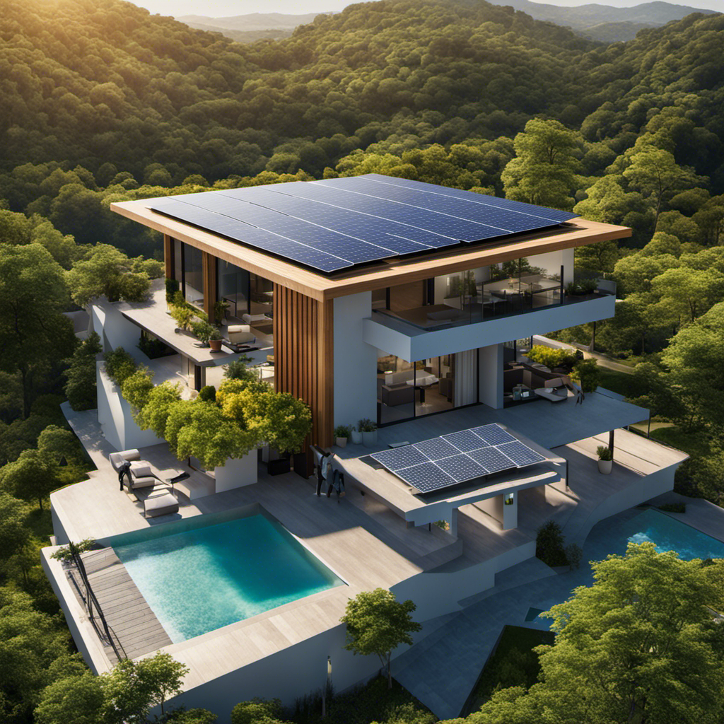 An image showcasing a modern rooftop solar panel system, capturing sunlight converting into clean energy, while surrounded by vibrant greenery, demonstrating the environmental benefits and cost savings of solar energy