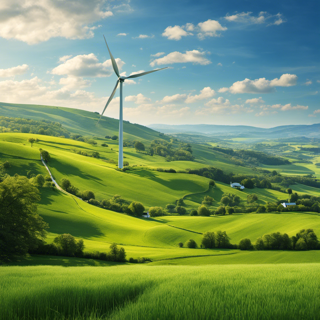 An image capturing the serene countryside landscape with a towering wind turbine gracefully spinning atop a hill, surrounded by lush green fields and a clear blue sky, symbolizing the ecological and renewable energy benefits