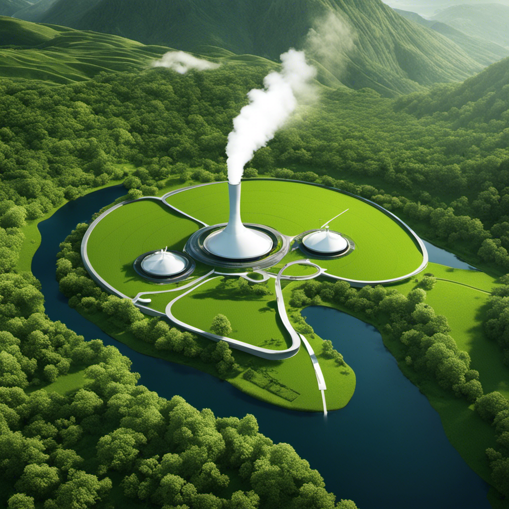 An image showcasing a lush, green landscape with a modern, sustainable geothermal power plant integrated seamlessly into the environment