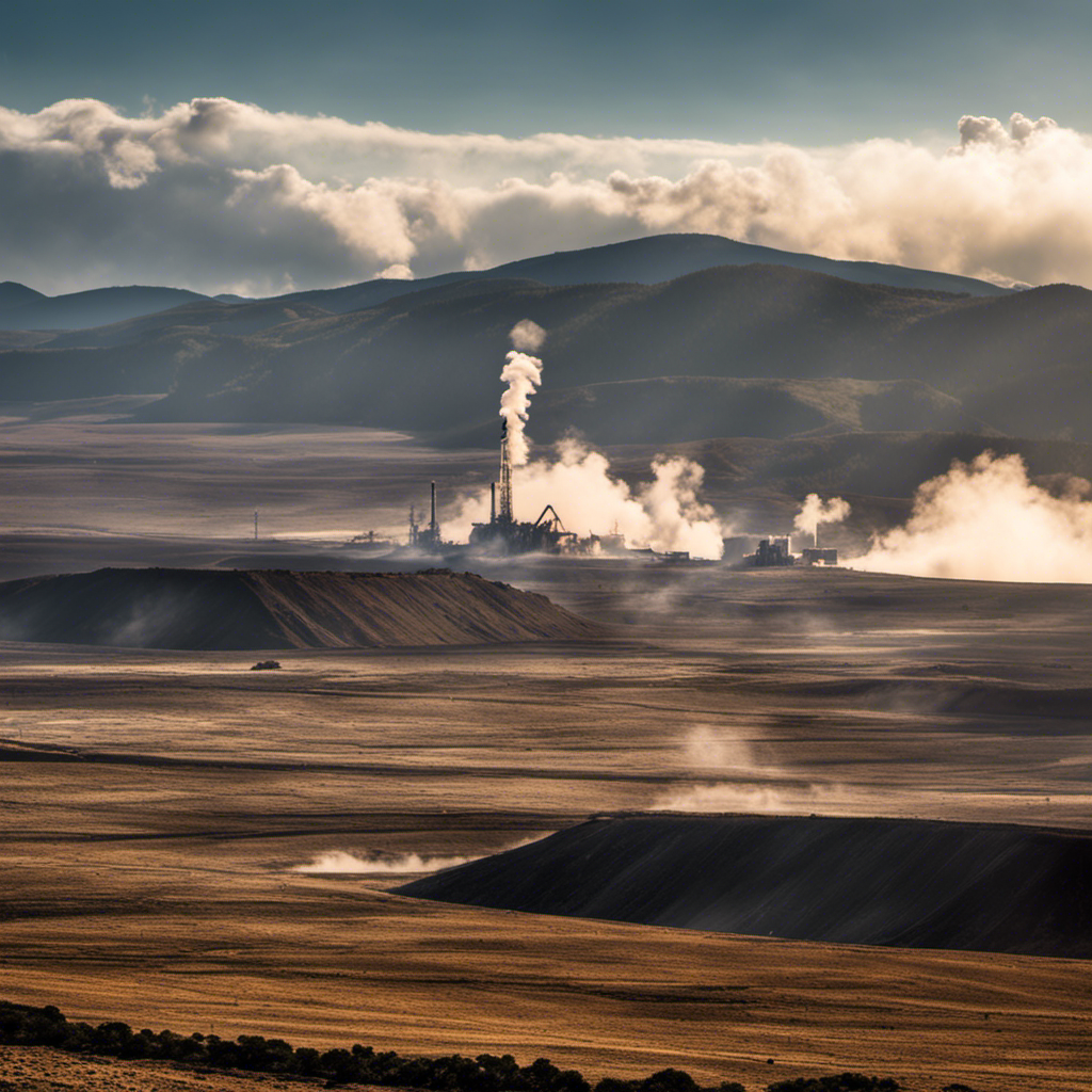 An image depicting a barren landscape with a drilling rig in the foreground, surrounded by steam rising from geothermal vents