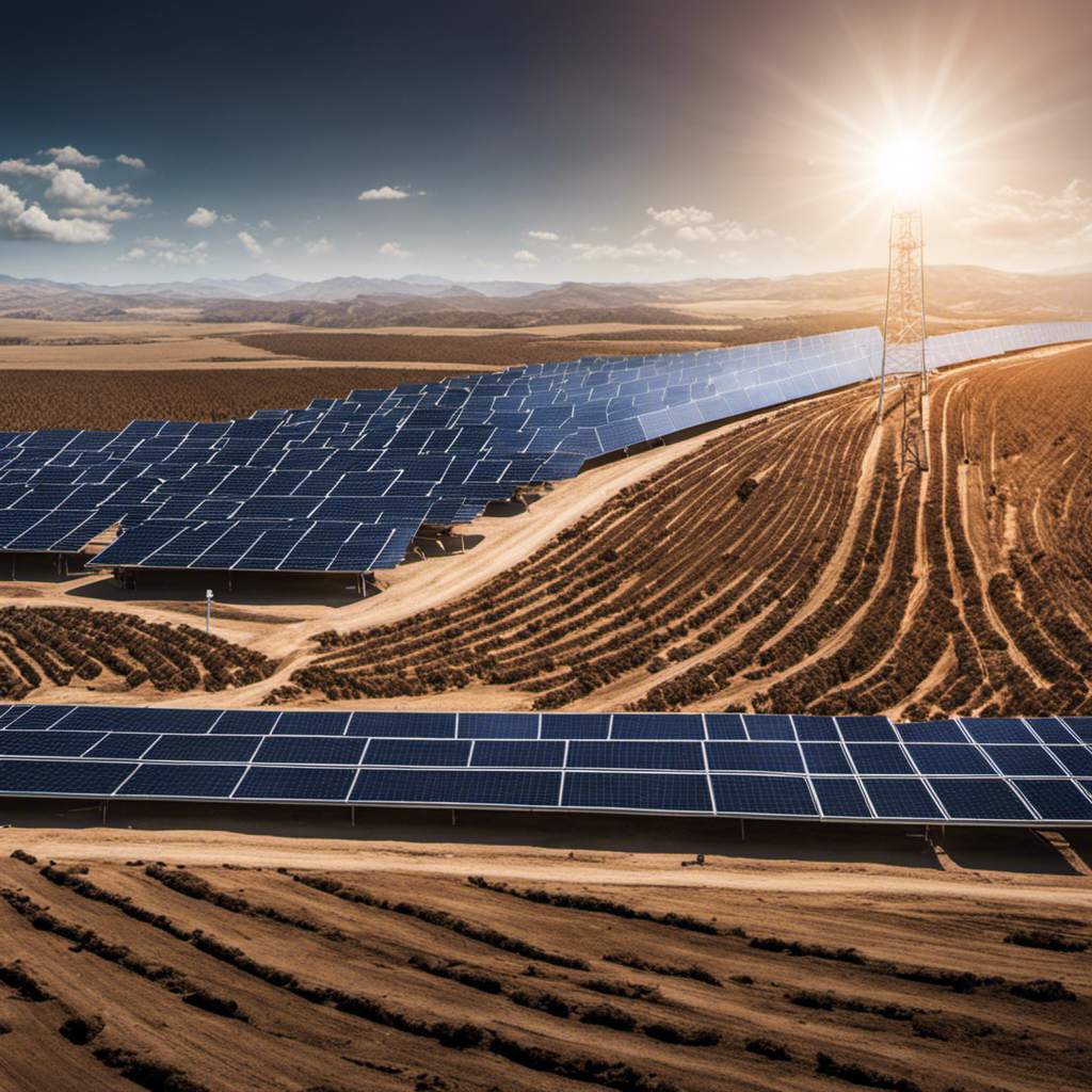 An image depicting a sprawling solar panel farm with numerous panels damaged and covered in dirt, emphasizing the disadvantages of solar energy