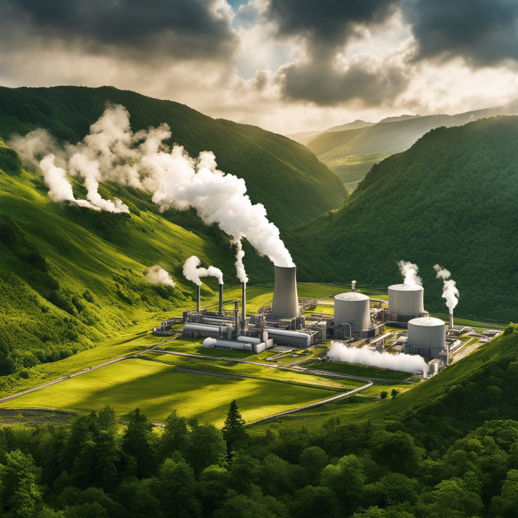 An image showcasing a geothermal power plant nestled in a lush landscape, with steam rising from the ground