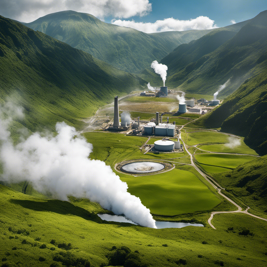 An image showcasing a serene landscape with a geothermal power plant in the foreground, emitting harmless steam into the atmosphere