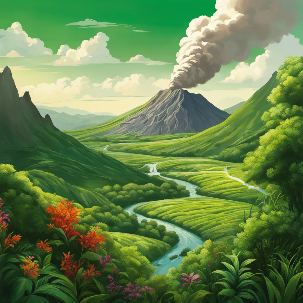 An image depicting a lush, green landscape with a geothermal power plant nestled at the foot of a dormant volcano