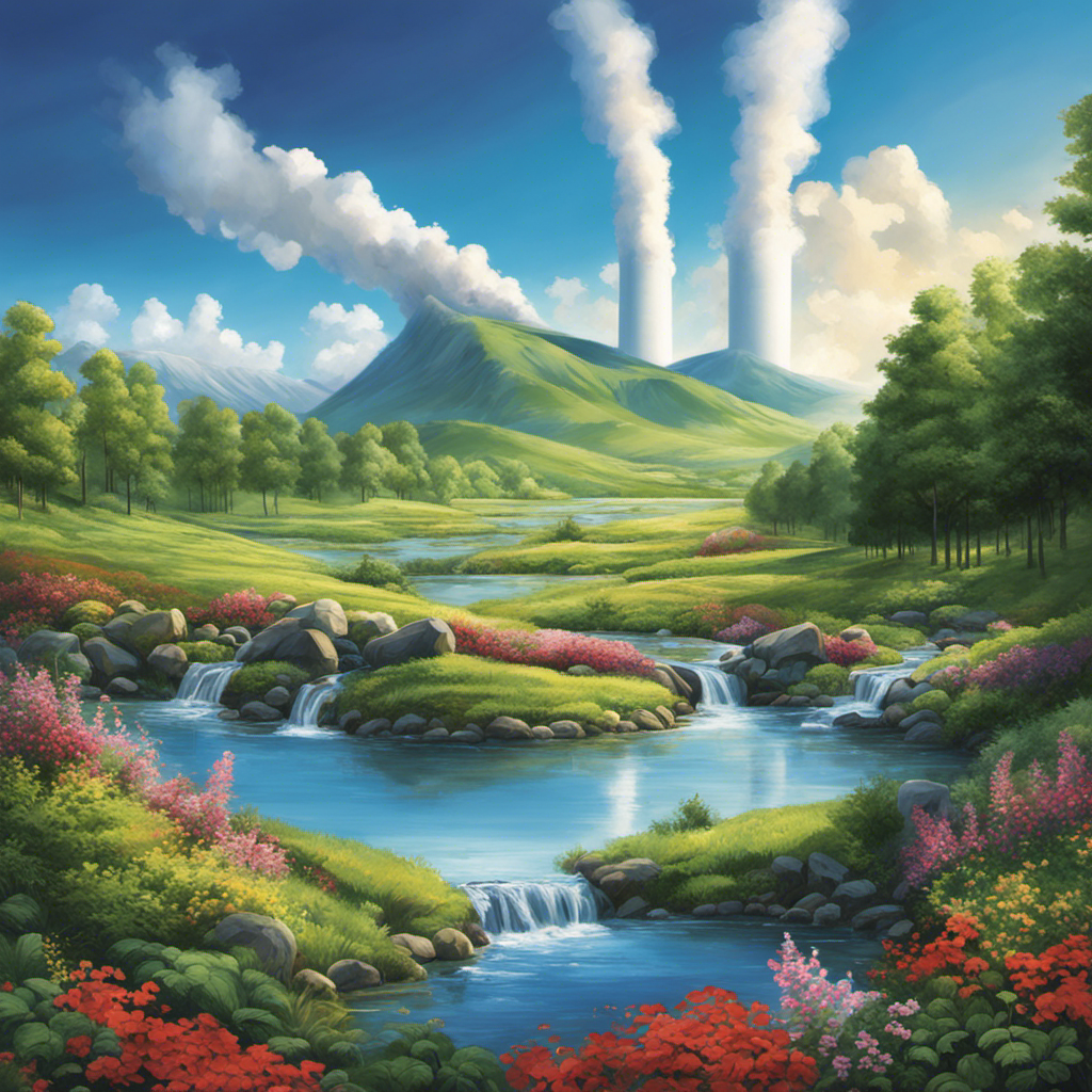 An image that depicts a lush landscape with geothermal power plants subtly integrated into the surroundings