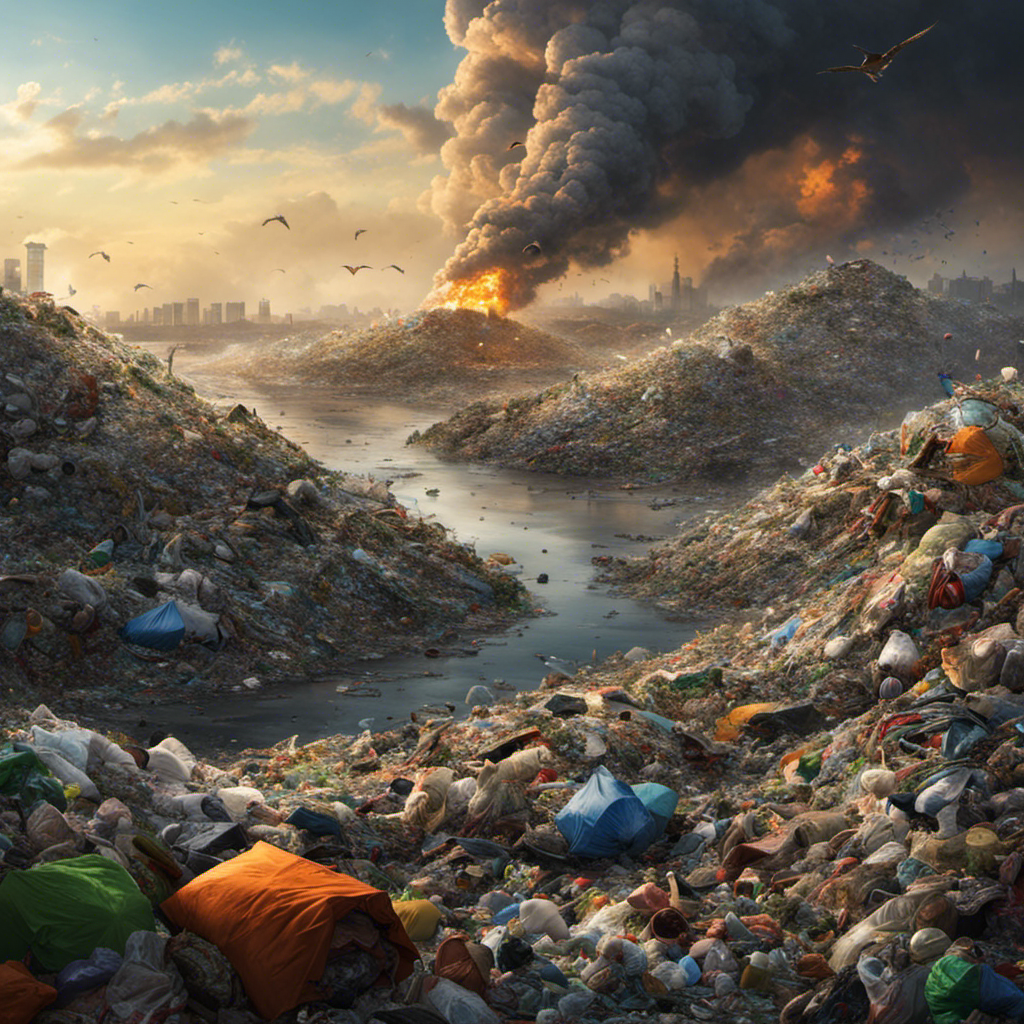 An image showcasing a vast landfill overflowing with discarded plastic waste, emitting toxic fumes into the atmosphere, while nearby wildlife struggles to survive amidst the polluted surroundings