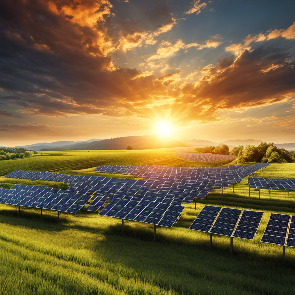An image depicting a vibrant solar panel farm stretching across vast open fields, with the sun radiating its warm rays upon the panels and surrounding ecosystem, showcasing the harmonious coexistence of solar energy and nature