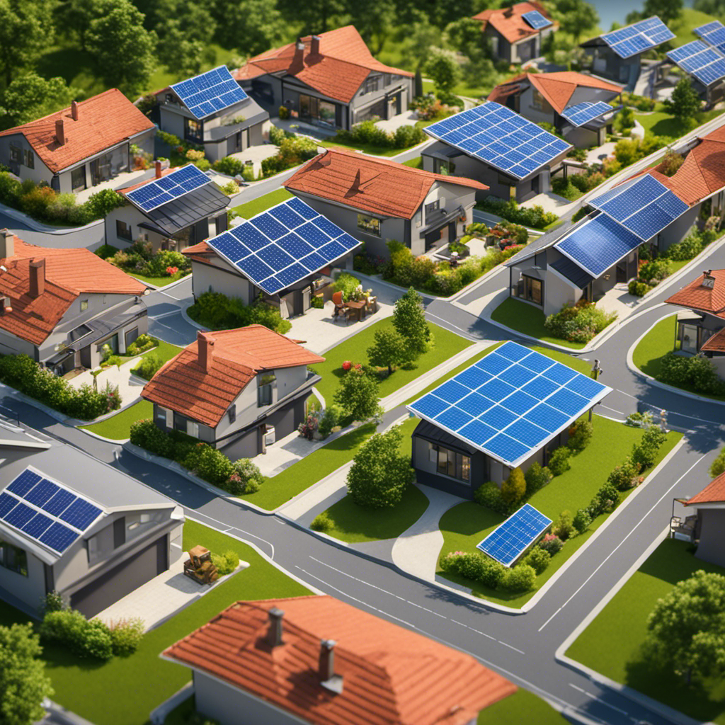 An image showcasing four distinct scenes: a residential rooftop with solar panels powering a home, a solar farm with rows of panels harnessing energy, an electric car charging station utilizing solar power, and a remote village benefiting from solar-powered lights and water pumps