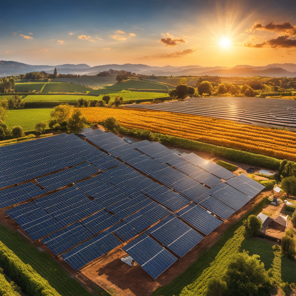 An image showcasing solar drying utilization, capturing a vibrant scene of solar panels mounted on a rooftop, heating and drying various agricultural products, while the sun radiates its energy in the background