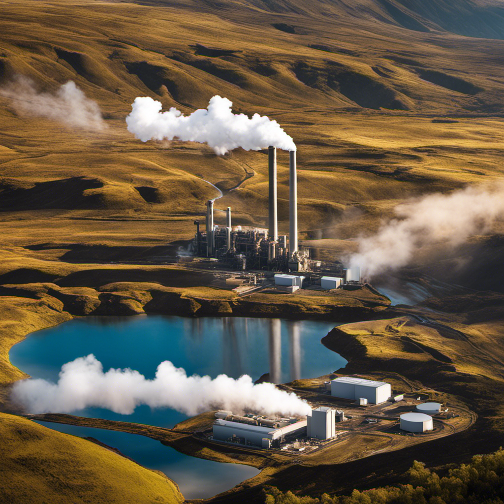An image showcasing a geothermal power plant emitting steam into the atmosphere, while highlighting the negative impacts, such as land subsidence, water depletion, and potential release of harmful gases