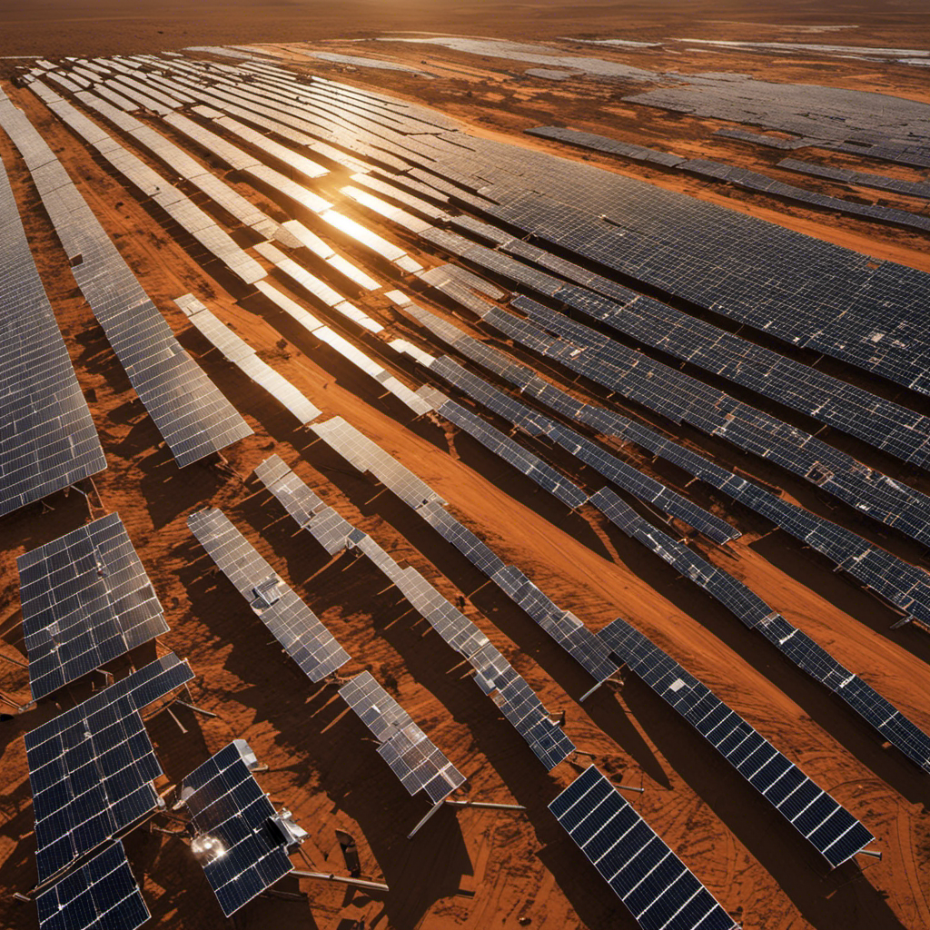 An image showcasing a sun-drenched desert landscape marred by vast fields of abandoned, broken solar panels