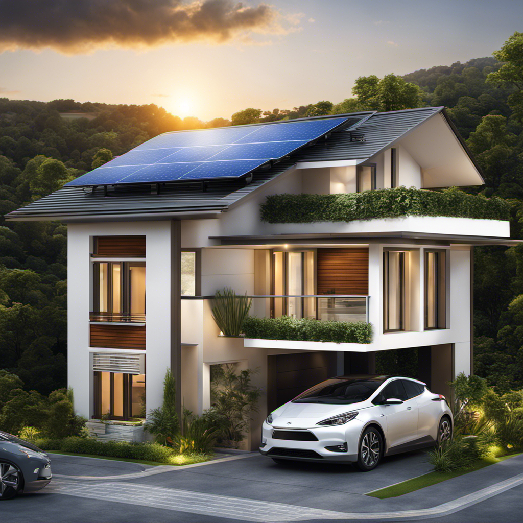 An image that showcases a residential rooftop adorned with sleek solar panels, connected to an intricate network of power inverters, batteries, and an electric vehicle charging station, demonstrating the comprehensive infrastructure required for harnessing solar panel energy