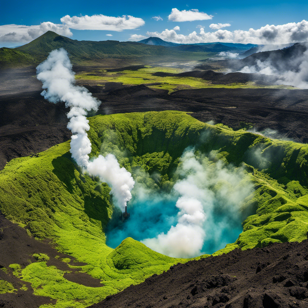 An image showcasing a volcanic landscape with steam rising from numerous geothermal power plants nestled amidst lush vegetation