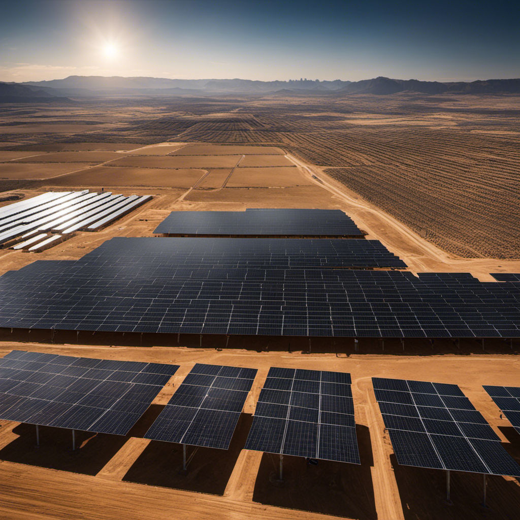 An image showcasing a vast solar panel installation, casting shadows on a deserted landscape, while a darkened city skyline in the distance remains disconnected from the renewable energy source