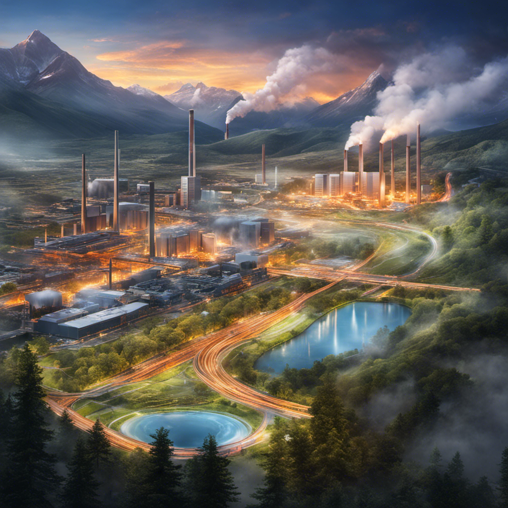 An image depicting a vibrant cityscape with geothermal power plants seamlessly integrated, representing the main benefit of clean and sustainable energy sources, while contrasting it with subtle visual cues hinting at potential risks associated with geothermal energy
