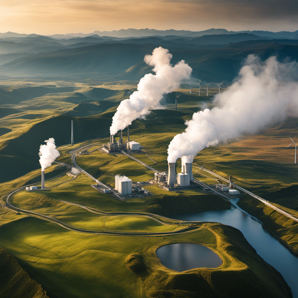 An image showcasing a vast landscape with multiple geothermal power plants seamlessly integrated into the surroundings