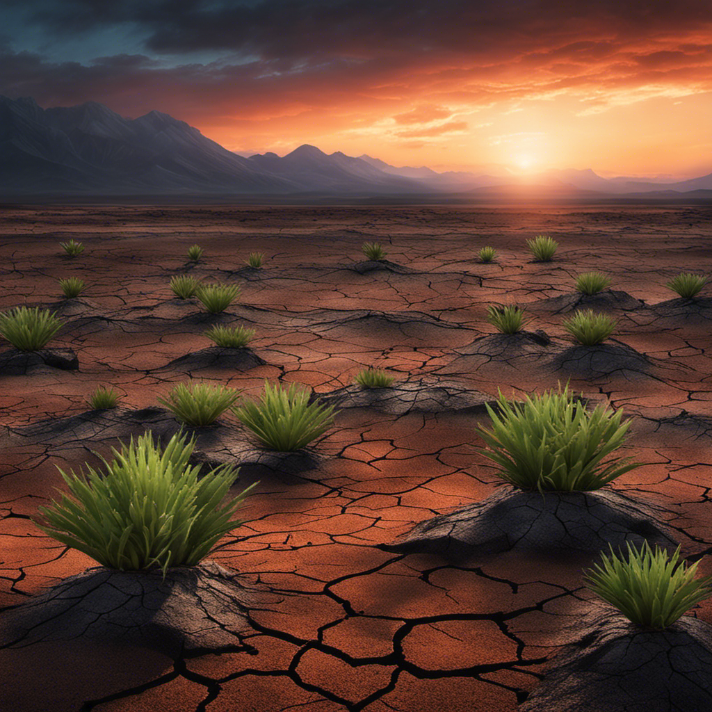 An image depicting a serene landscape with cracked, desolate soil, wilted plants, and a fading sunset as a backdrop
