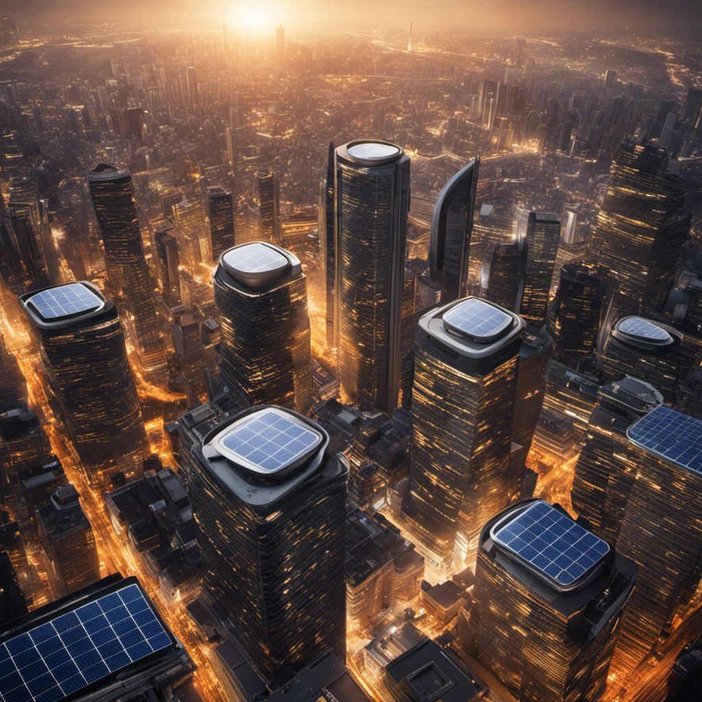 An image showcasing a bustling cityscape with numerous solar panels on rooftops, juxtaposed against a polluted skyline, to visually highlight the potential drawbacks of solar energy