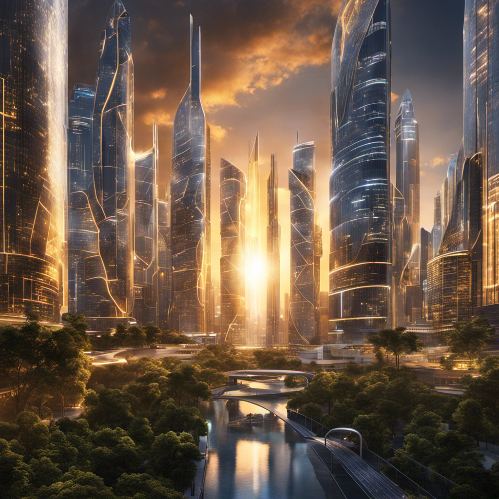 An image showcasing a futuristic cityscape with solar-powered skyscrapers towering above, dazzling with sleek designs and panels capturing the sun's rays