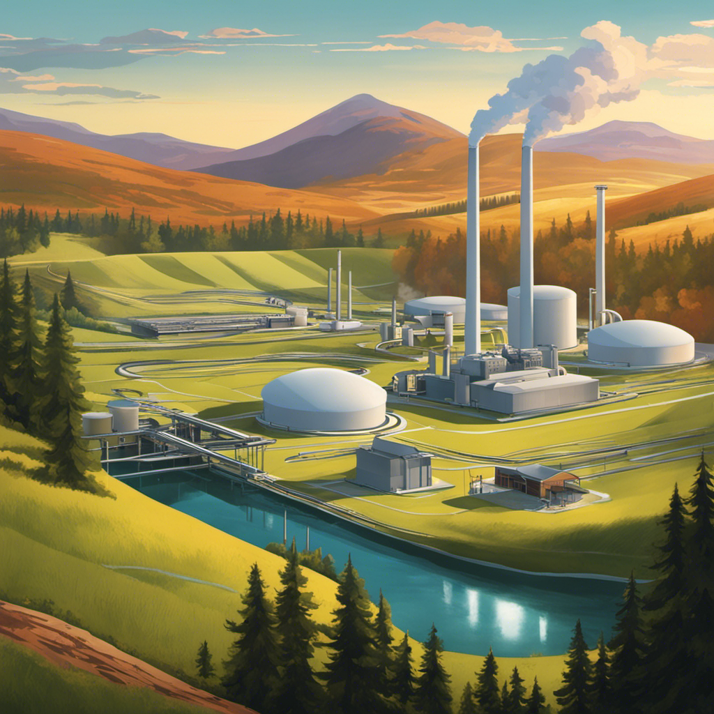 Create an image showcasing a serene landscape with a geothermal power plant in the background, highlighting the clean and renewable nature of geothermal energy, while also subtly alluding to potential environmental impacts through contrasting elements