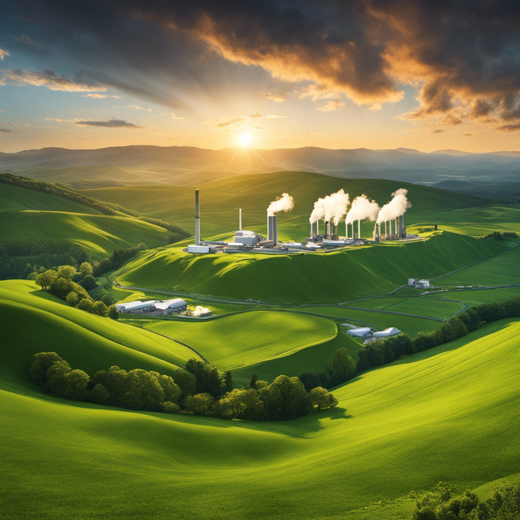 An image showcasing a verdant landscape with a geothermal power plant nestled amongst rolling hills, highlighting the positive aspects of geothermal energy