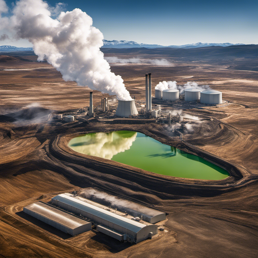 An image showcasing a geothermal power plant emitting excessive amounts of greenhouse gases, juxtaposed against a barren and desolate landscape, highlighting the environmental drawbacks and pollution associated with geothermal energy