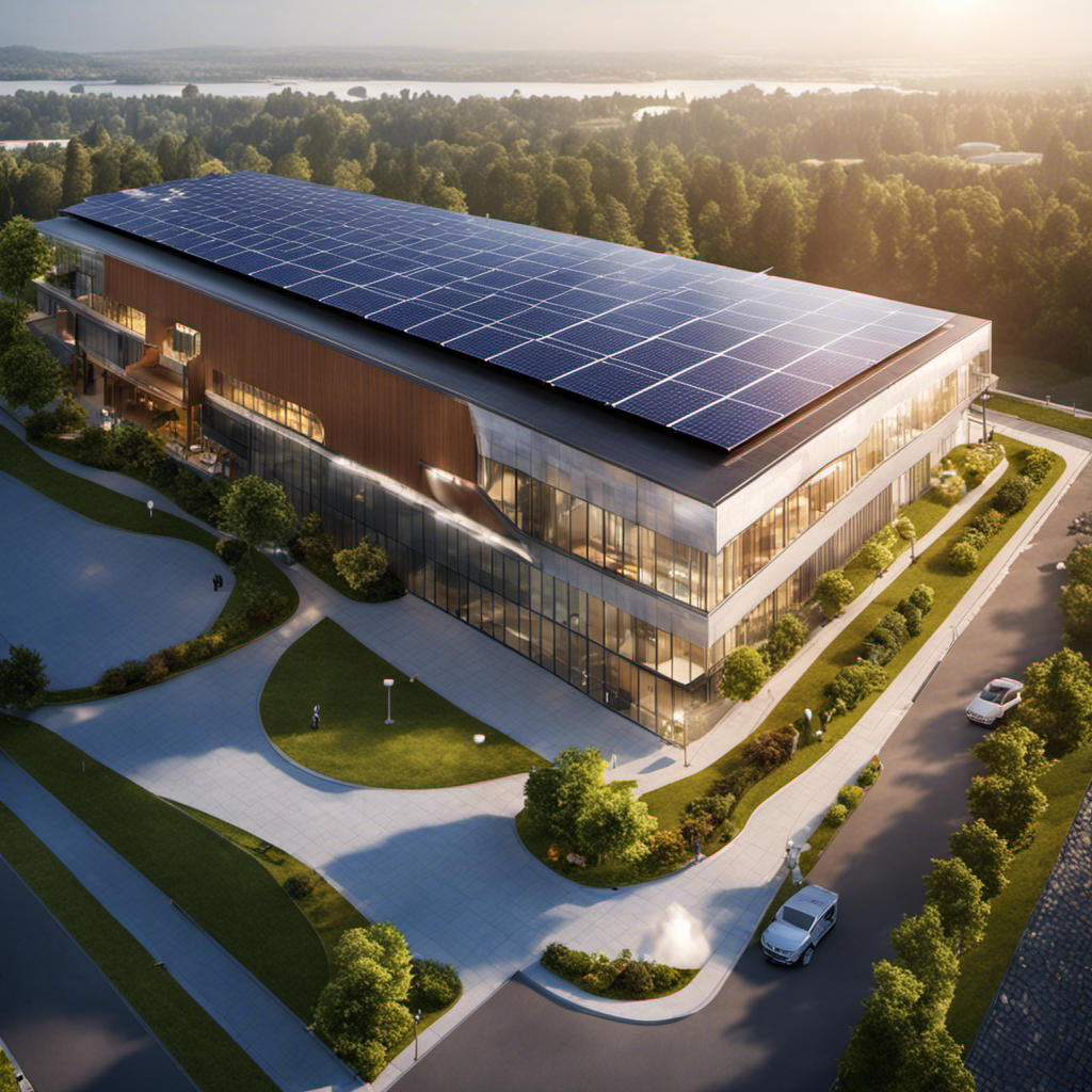 An image showcasing a health care facility powered by solar panels on its roof