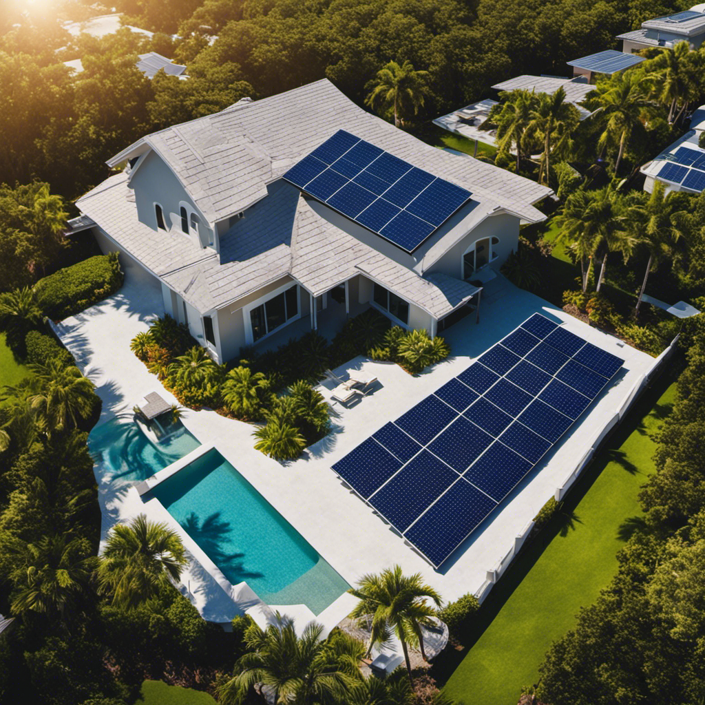 A visually striking image that showcases a sunny Florida landscape with solar panels installed on rooftops, highlighting the benefits of Amendment 1