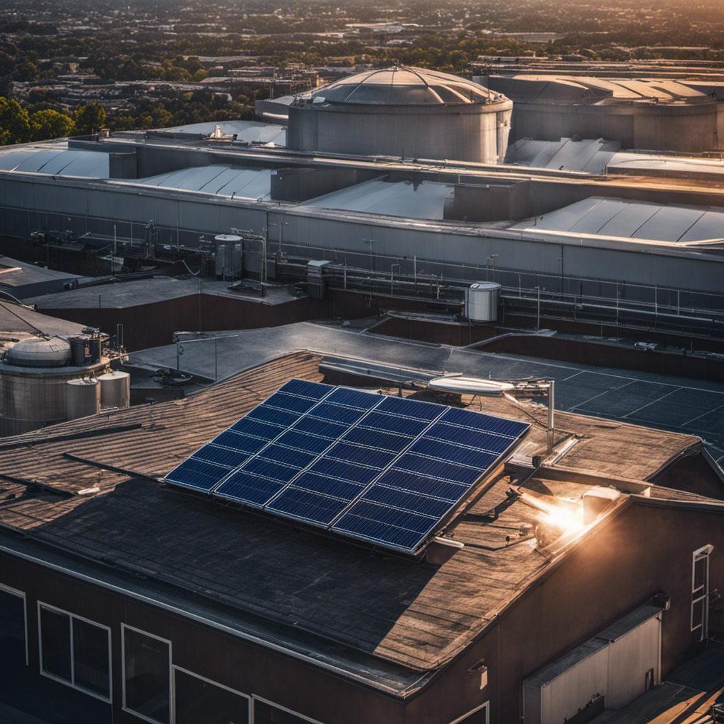 An image that showcases contrasting scenes of a solar panel on a rooftop, radiating clean energy, against a traditional power plant emitting smoke