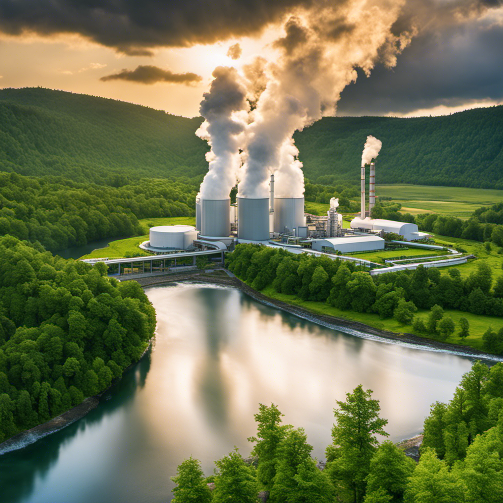 An image showcasing a serene landscape with a modern geothermal power plant nestled amidst lush greenery