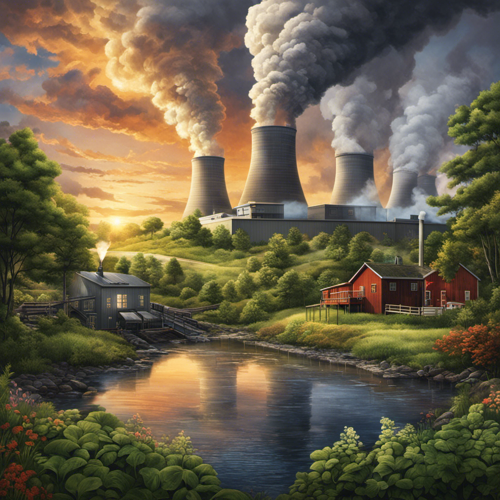 An image showcasing two contrasting landscapes: one depicting a traditional power plant emitting smoke and surrounded by dollar bills, while the other showcases a geothermal power plant seamlessly integrated into a lush and thriving environment