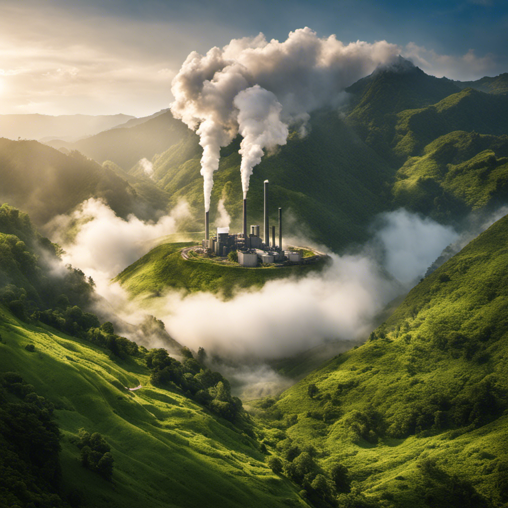 An image showcasing a serene landscape with a cluster of steam rising from deep within the earth, revealing a geothermal power plant nestled amidst lush greenery and surrounded by towering mountains