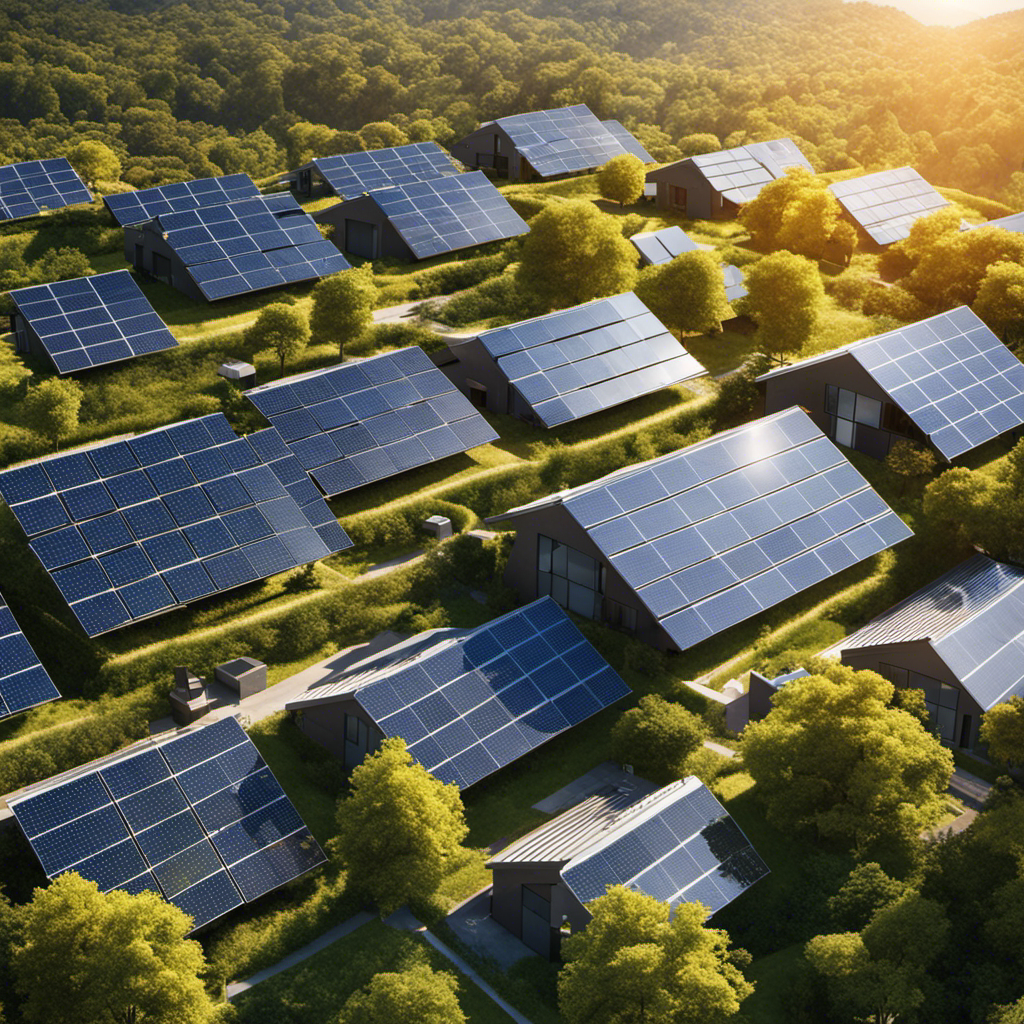 An image showcasing a vibrant, sun-drenched landscape with solar panels adorning rooftops, feeding clean energy into the grid