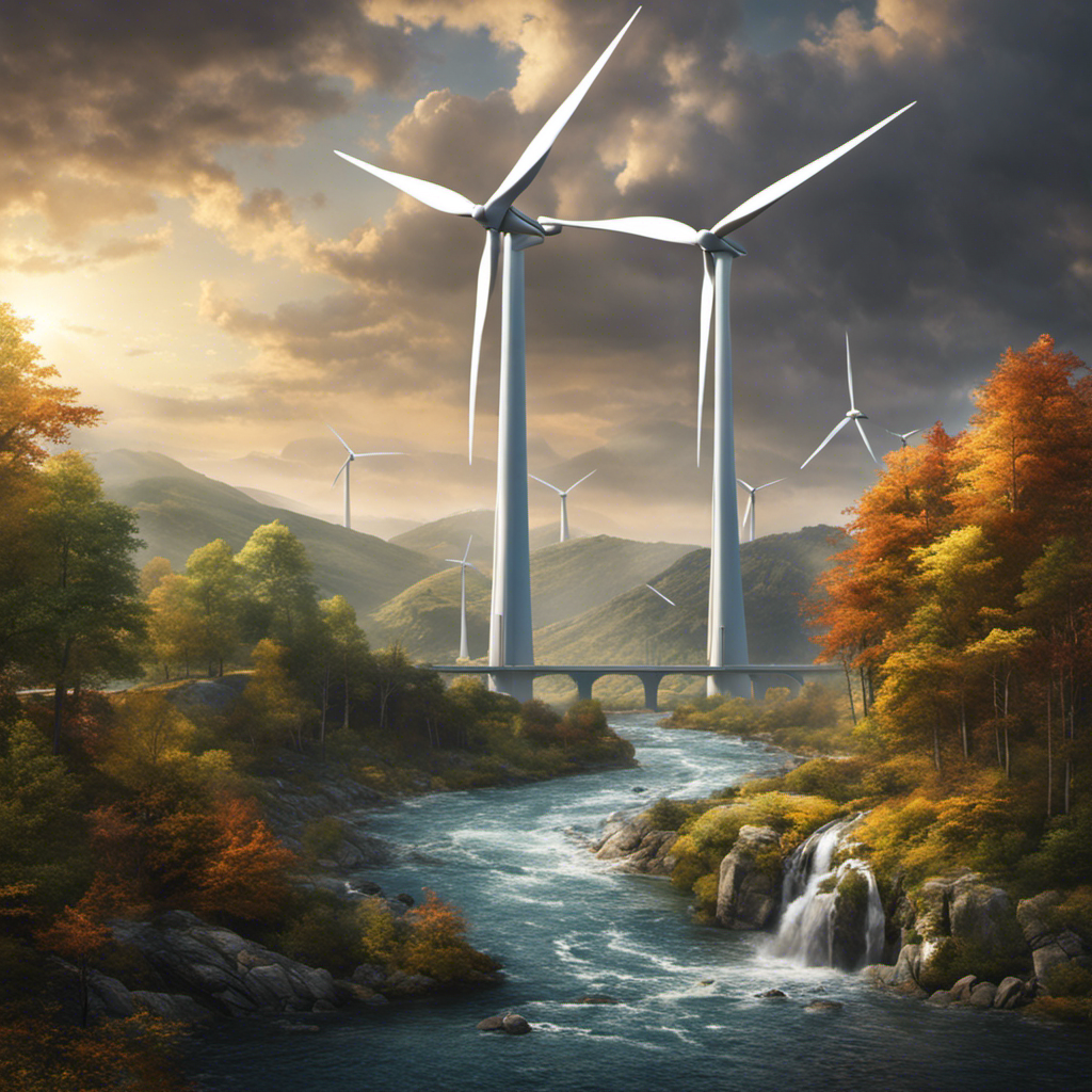 An image showcasing the contrasting forms of renewable energy: a towering wind turbine harnessing the relentless power of gusts, and a serene hydroelectric dam harnessing the rushing currents of a mighty river