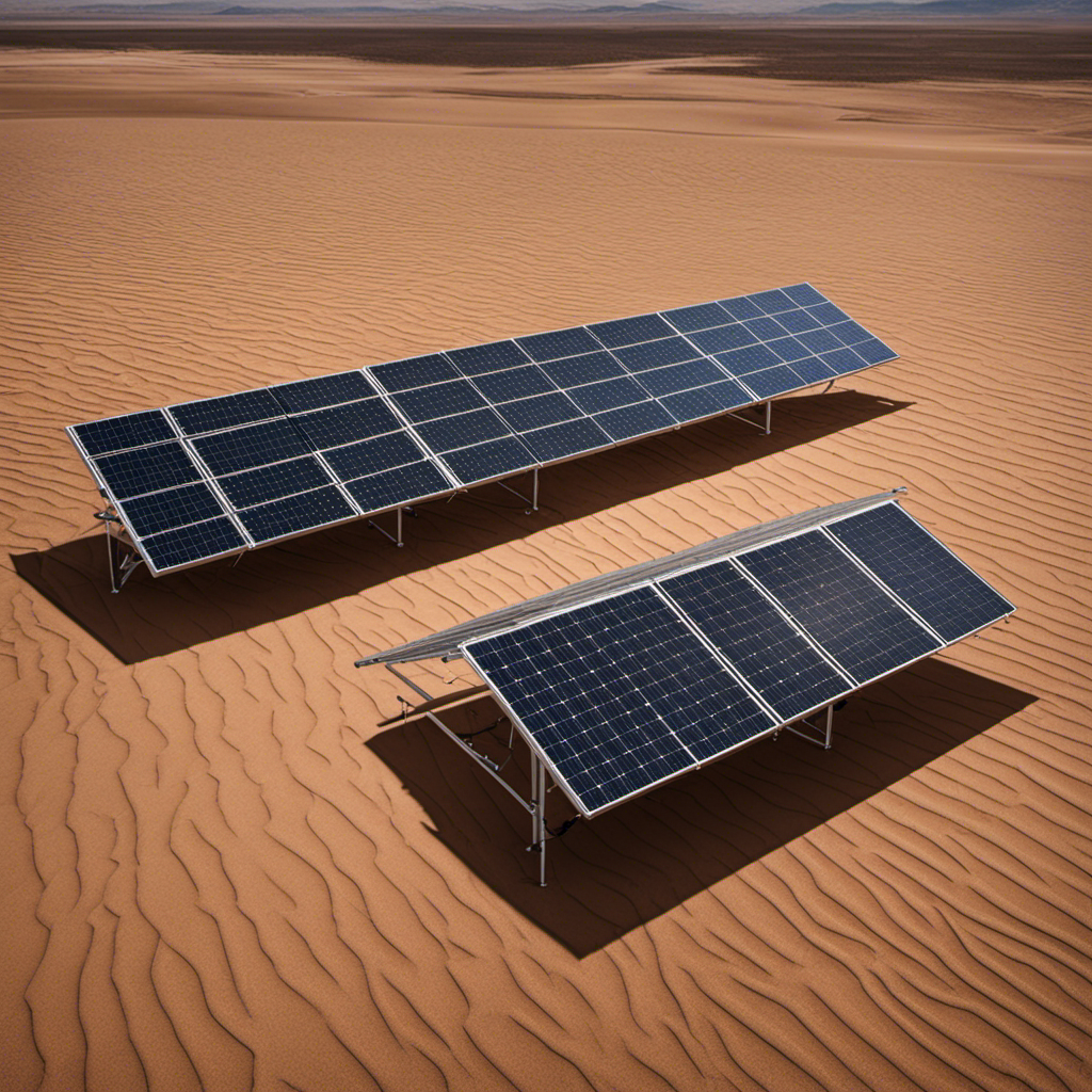 An image showcasing a solar panel installation in a barren desert landscape