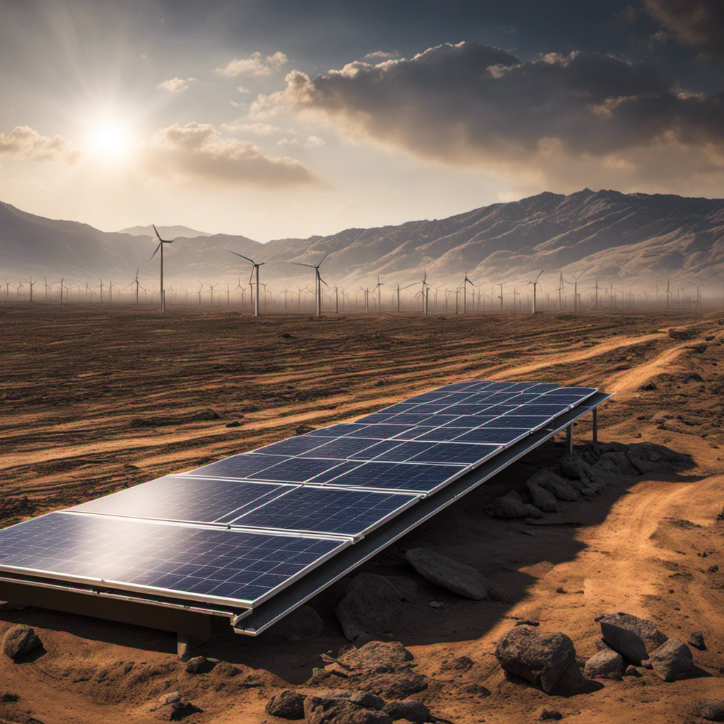 An image showcasing a solar panel covered in thick dust and debris, surrounded by deserted landscapes and abandoned solar farms, symbolizing three major problems with solar energy
