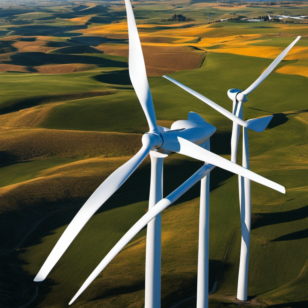 An image showcasing wind turbine blades composed of lightweight fiberglass reinforced with carbon fiber, painted in vibrant white, gracefully curving towards the sky, casting elongated shadows on a sun-drenched landscape