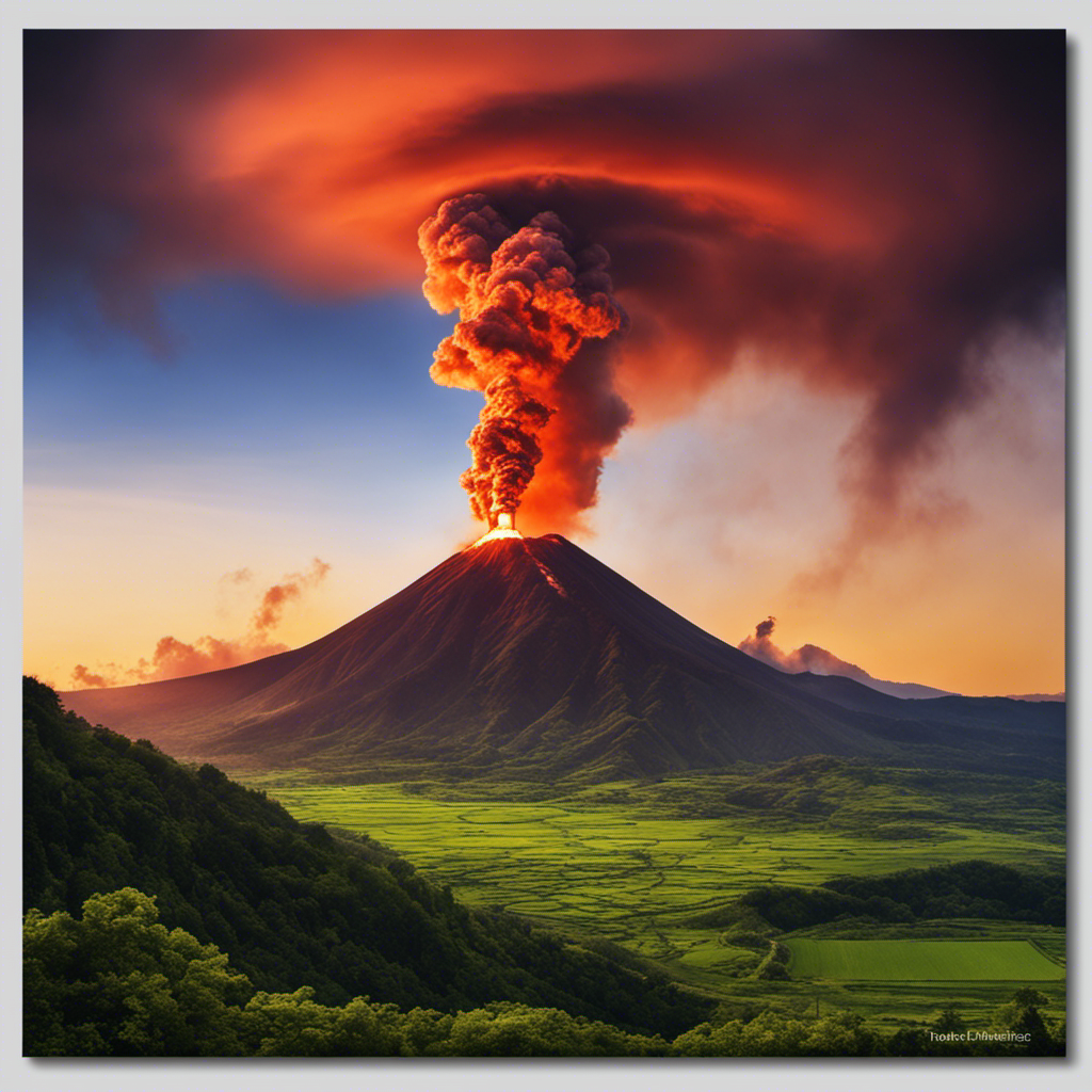 An image showcasing a volcanic mountain range surrounded by a vast expanse of greenery, with geothermal power plants located only in their vicinity