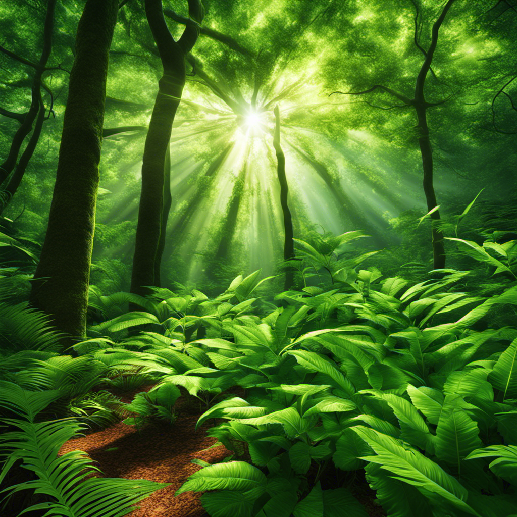 An image showcasing a lush green forest, where sunlight filters through the dense canopy onto photosynthesizing leaves
