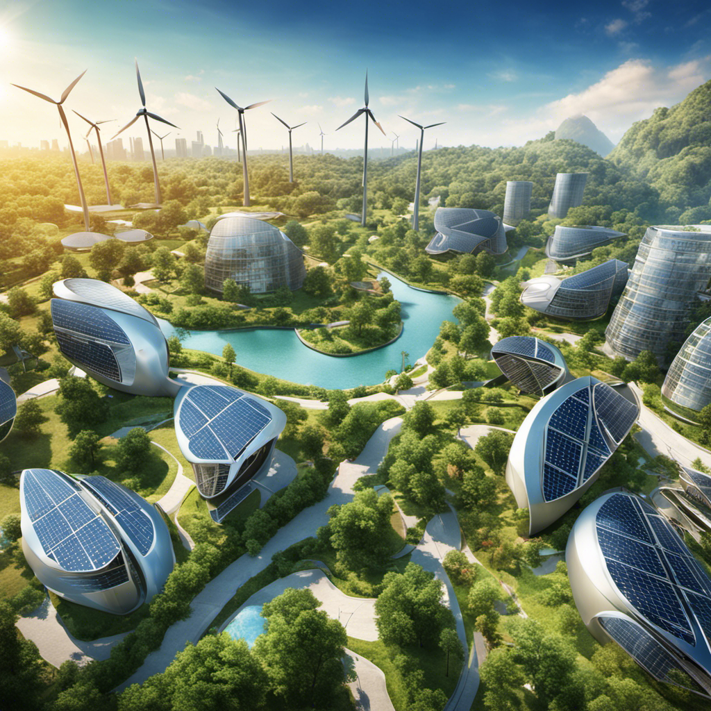 An image showcasing a vibrant cityscape with wind turbines and solar panels integrated into buildings, surrounded by lush greenery