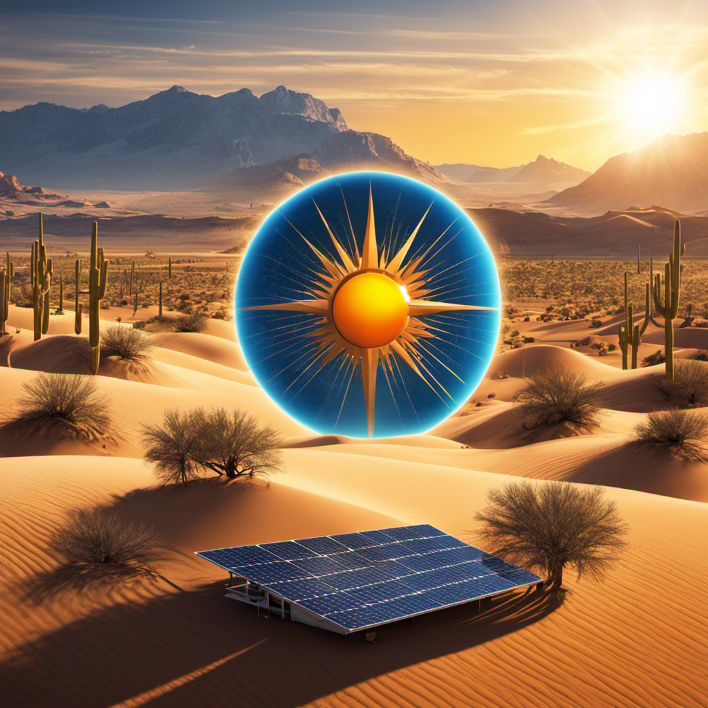 An image depicting a vast, sun-drenched desert landscape in the Southwestern states, dotted with solar panels and generating clean, renewable energy