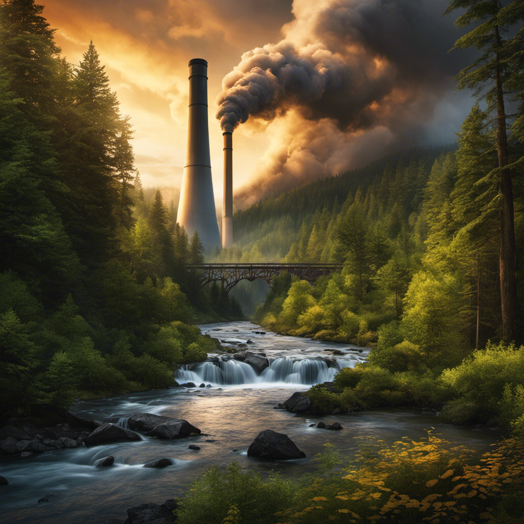 An image showcasing a towering smokestack emitting dark fumes into the atmosphere, while nearby, a serene river flows through a lush forest