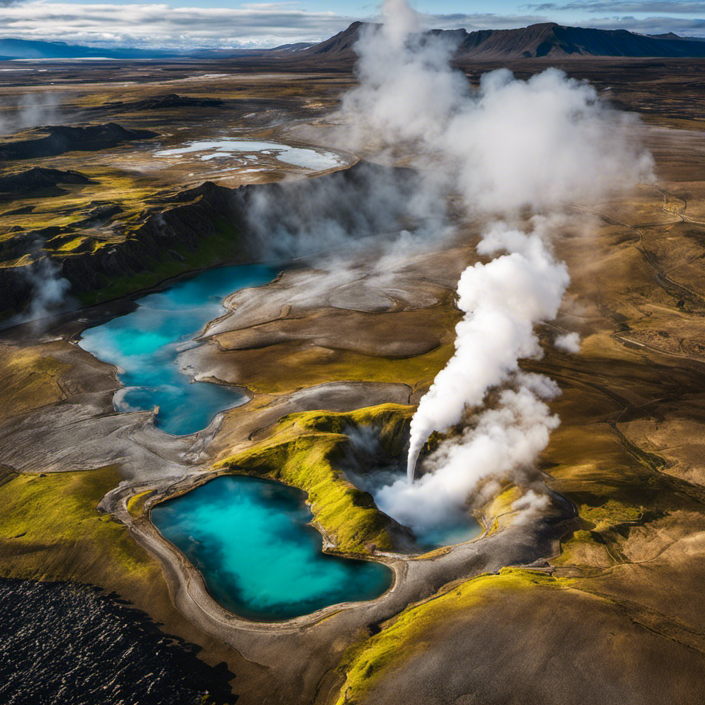 An image depicting Iceland's geothermal energy sources: a stunning landscape dominated by bubbling hot springs, roaring geysers, and steam rising from the ground, showcasing the country's unique geological features