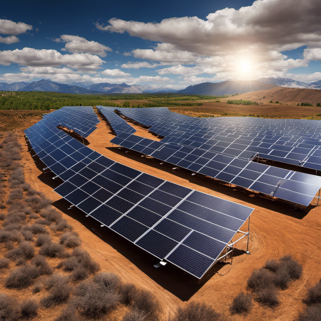 An image showcasing the Earth's surface with a vibrant solar panel farm on one side, basking under a clear, sunlit sky, while the other side remains dimly lit, with clouds casting shadows over a barren landscape