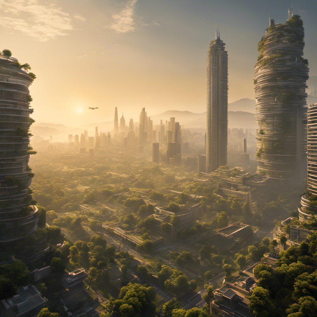 An image illustrating a vast landscape of dense, smog-filled city with towering buildings obstructing the sun, contrasting against a clear countryside where lush vegetation thrives under an unobstructed sky