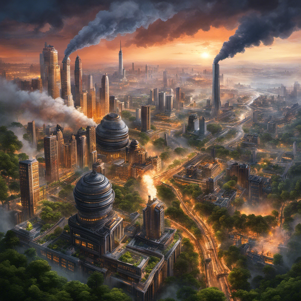 An image depicting a sprawling metropolis with skyscrapers emitting gentle plumes of steam from underground vents