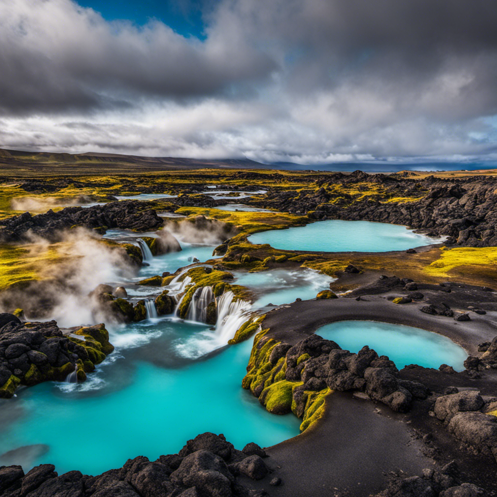 A captivating image showcasing the iconic Reykjanes Peninsula in Iceland, adorned with vibrant hot springs and steamy geothermal vents
