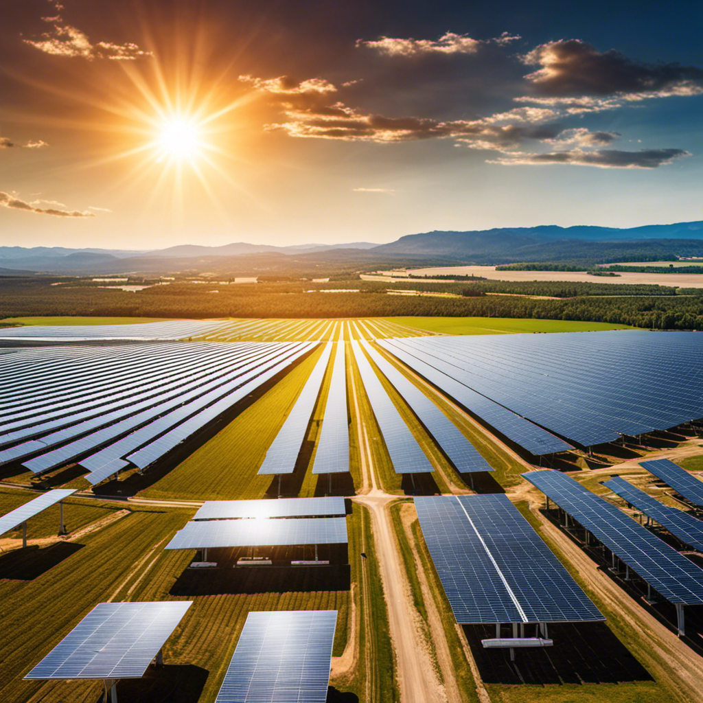 An image showcasing a vast solar farm stretching across the horizon, with rows of sleek, modern solar panels glistening under the sun